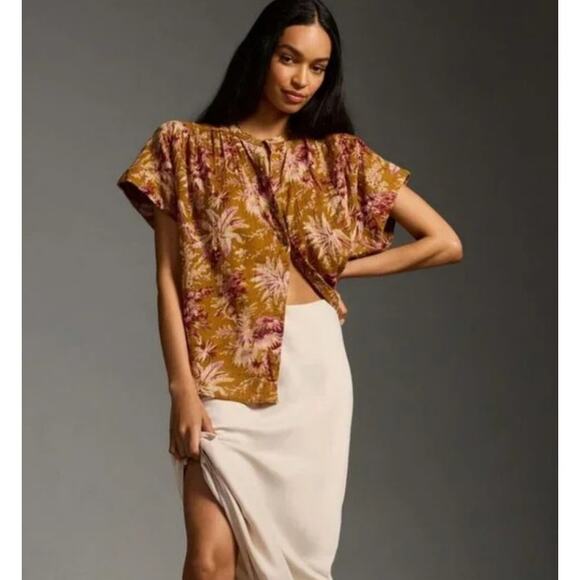 Pilcro Anthropologie Short Sleeve Button Up Blouse XXS/XS Floral Cotton Relaxed - Picture 1 of 11